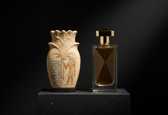 Ancient Egyptian perfume vessel beside modern luxury bottle - history of perfume
