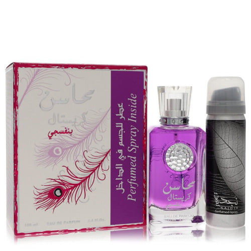 Lattafa Mahasin Crystal Violet by LattafaEau De Parfum Spray with 1.7 oz Deodorant Spray 3.4 oz 3.4 oz / 100 ml / Alcohol, Amber, Woody,