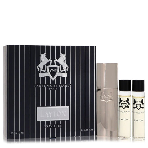 Layton Royal Essence by Parfums De MarlyThree Eau De Parfum Sprays Travel Set 3 x.34 oz 3 x.34 oz / 3 x 10 ml / Alcohol, Amber, Woody,