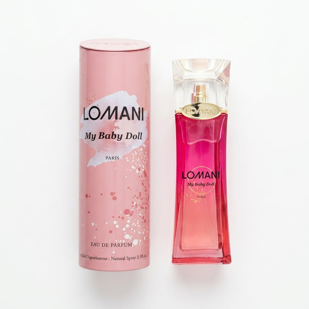 Perfume Bottle and Cylindrical Packaging — Flat Lay - Front | Generated by Modelize