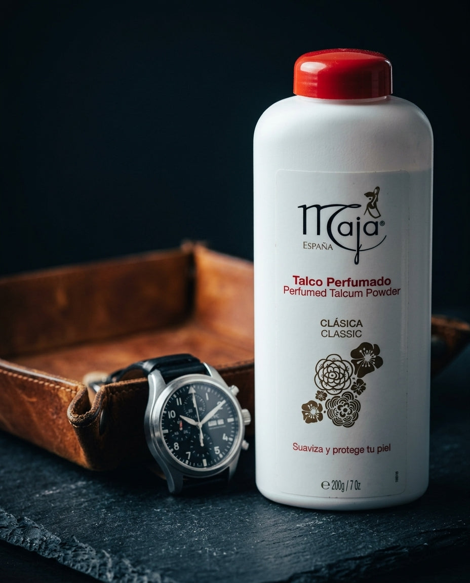 Talcum powder bottle — Masculine Vanity Lifestyle | Generated by Modelize