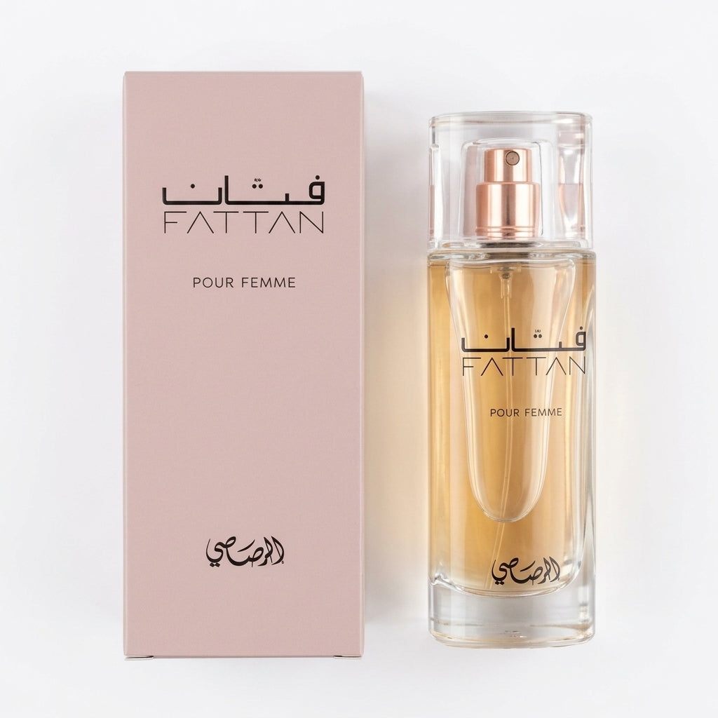 Perfume bottle and packaging box — Flat Lay - Front | Generated by Modelize