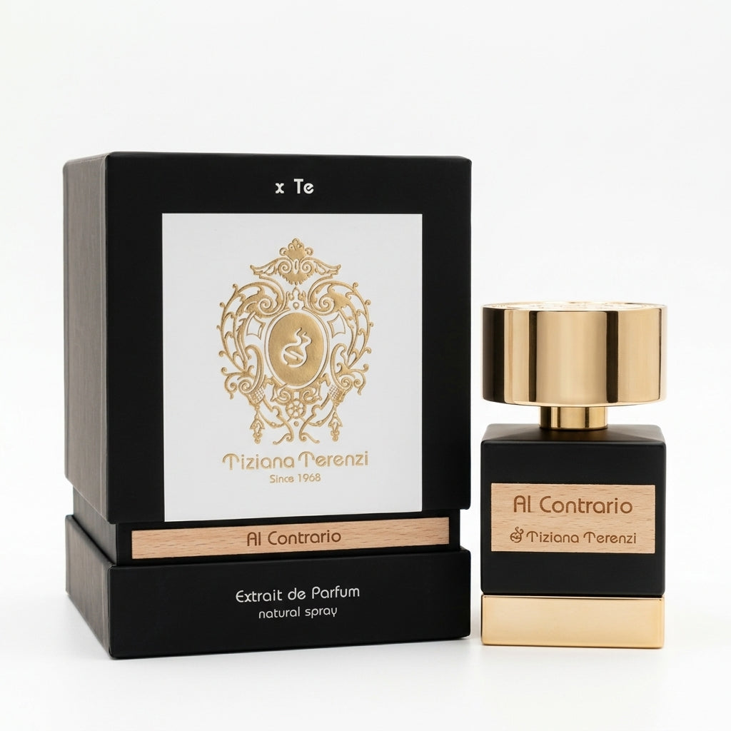 Luxury Fragrance (Bottle and Box) — Flat Lay - Front | Generated by Modelize