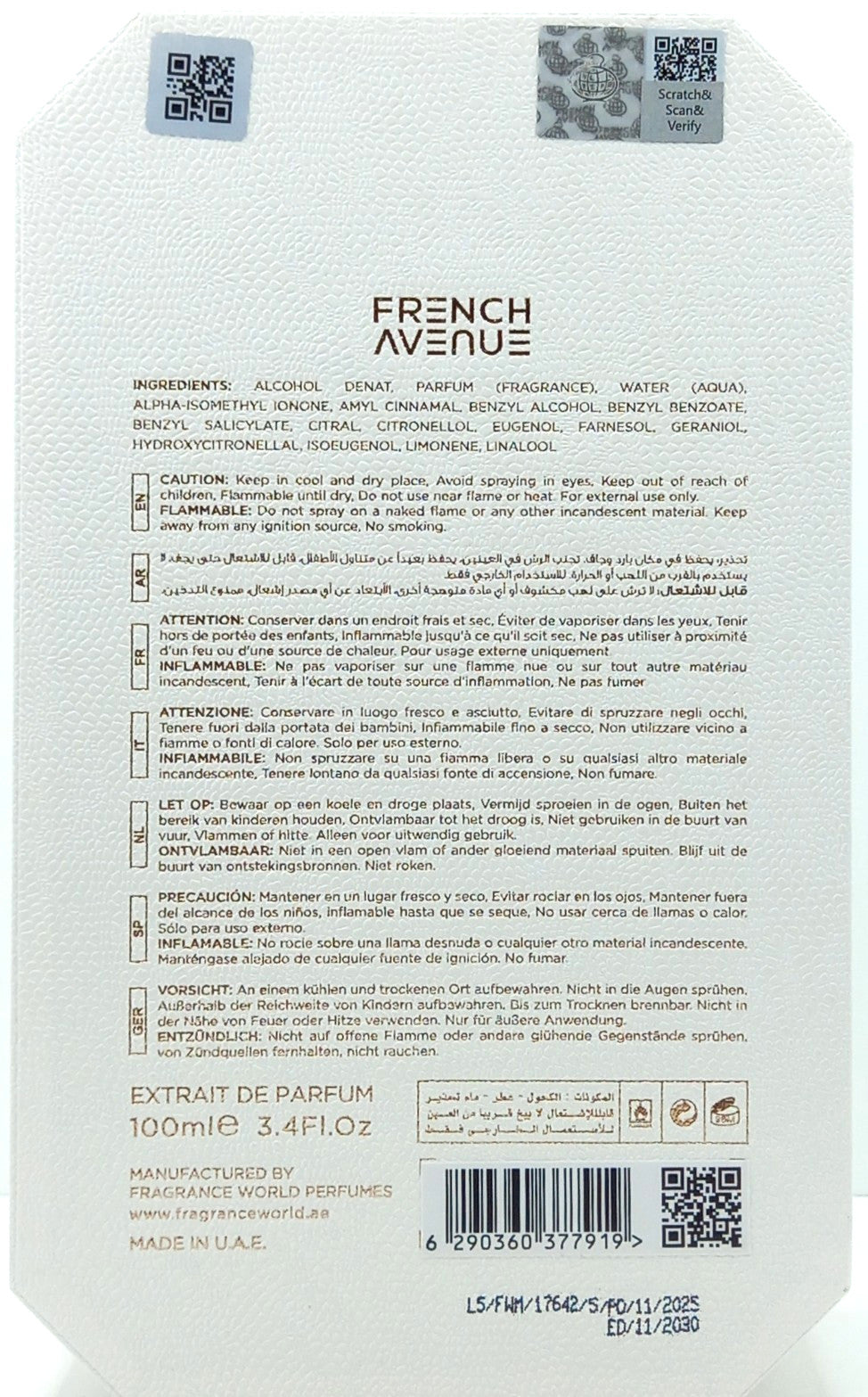 FRENCH AVENUE VENENO BIANCO EXTRAIT DE PARFUM SPRAY UNISEX 3.4 Oz / 100 ml NEW!
