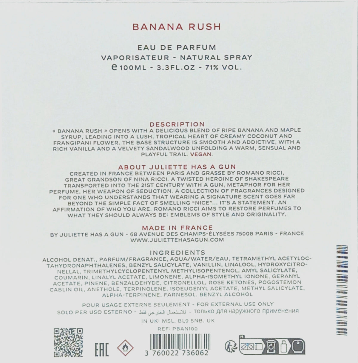 JULIETTE HAS A GUN BANANA RUSH EAU DE PARFUM SPRAY FOR WOMEN 3.3 Oz / 100 ml NEW