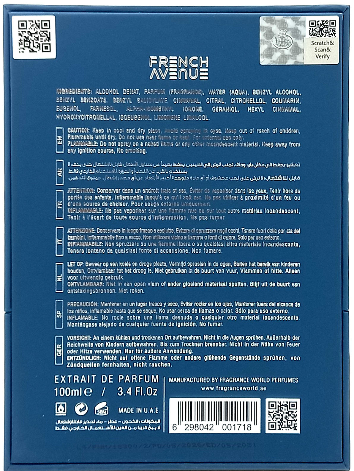 FRENCH AVENUE AROMATIX FROSTBITE EXTRAIT DE PARFUM SPRAY UNISEX 3.4 Oz / 100 ml