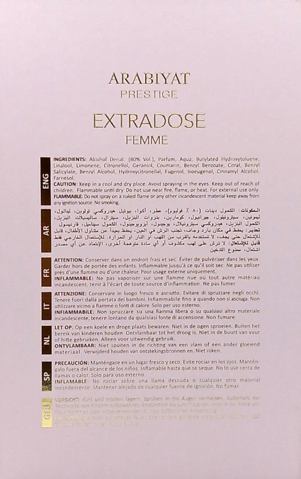 ARABIYAT PRESTIGE EXTRADOSE FEMME EAU DE PARFUM SPRAY FOR WOMEN 2.7 Oz / 80 ml