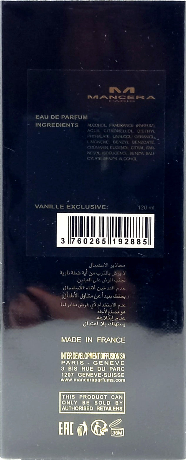 MANCERA VANILLE EXCLUSIVE EAU DE PARFUM SPRAY UNISEX 4.0 Oz / 120 ml BRAND NEW!