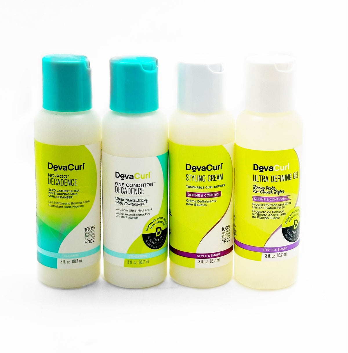 DevaCurl PACK Decadence Travel Kit Sh+Con+ULTRDFN Gel+StylingCream 3oz Each 4pcs