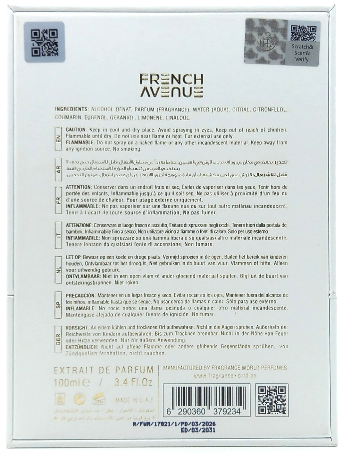 FRENCH AVENUE AROMATIX PLATINE BLANC EXTRAIT DE PARFUM SPRAY 3.4 Oz / 100 ml NEW