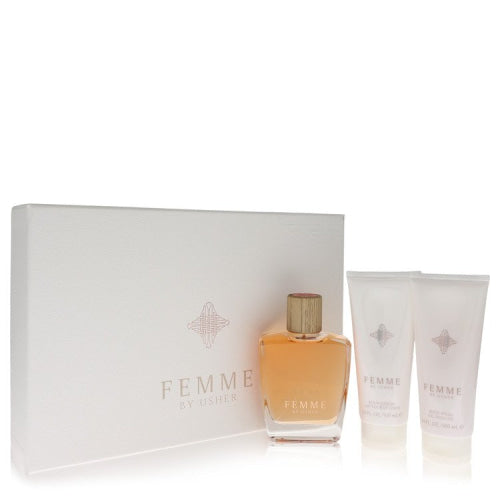 Usher Femme by UsherGift Set -- 3.4 oz Eau De Parfum Spray + 3.4 oz Body Lotion + 3.4 oz Shower Gel -- / -- / Alcohol, Amber, Woody,