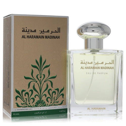 Al Haramain Madinah by Al HaramainEau De Parfum Spray (Unisex) 3.33 oz 3.33 oz / 98 ml / Alcohol, Amber, Woody, Aldehyde, Oils Unisex