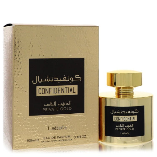 Lattafa Confidential Private Gold by LattafaEau De Parfum Spray (Unisex) 3.4 oz 3.4 oz / 100 ml / Alcohol, Amber, Woody, Aldehyde, Oils