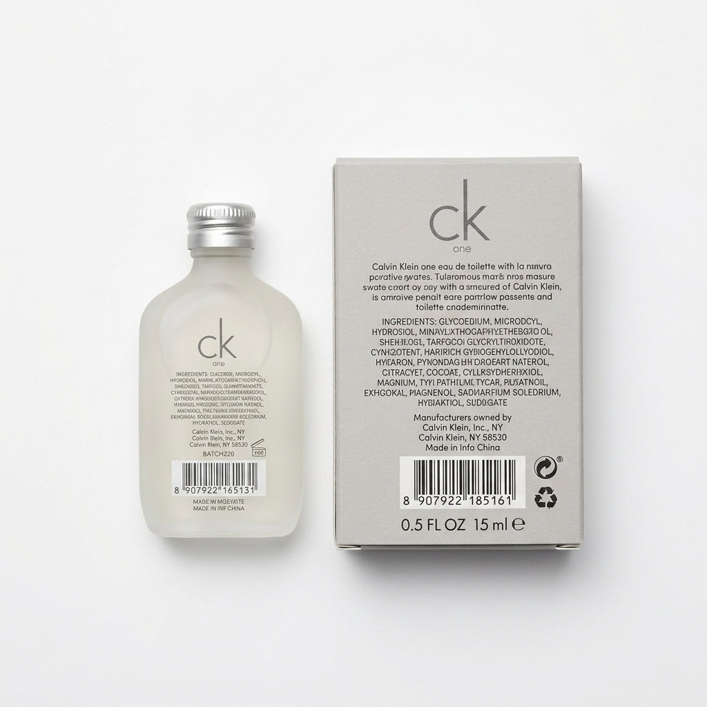 Fragrance set including bottle and box — Flat Lay - Back | Generated by Modelize
