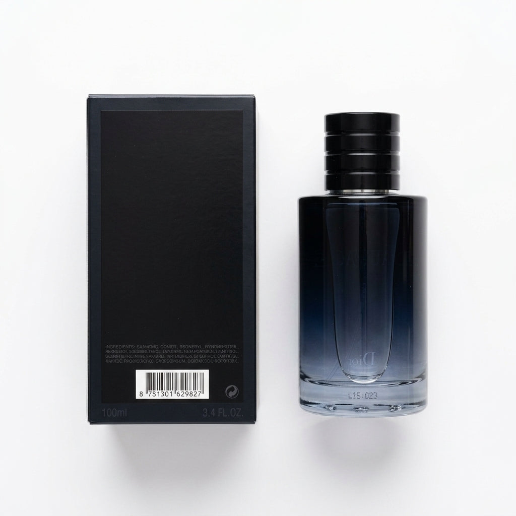 Fragrance bottle and packaging — Flat Lay - Back | Generated by Modelize