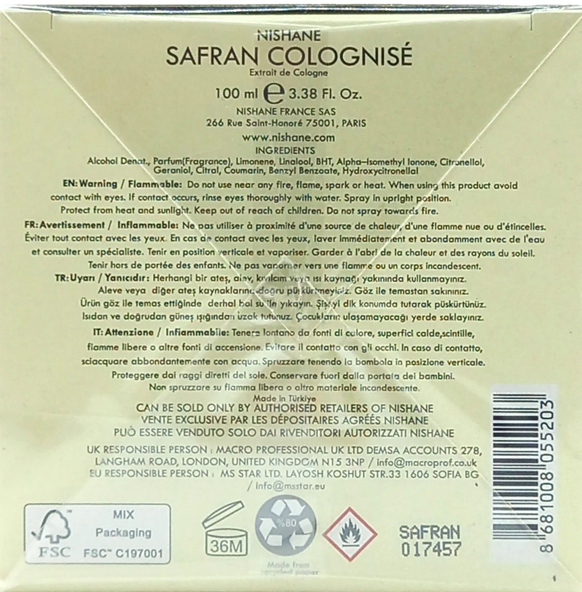 NISHANE SAFRAN COLOGNISE Extrait De Cologne Unisex 3.38 Oz / 100 ml BRAND NEW!!!