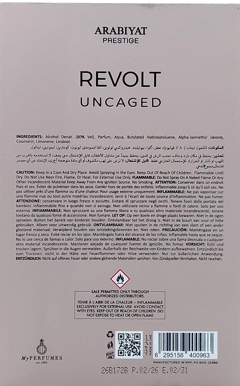 ARABIYAT PRESTIGE REVOLT UNCAGED EAU DE PARFUM SPRAY UNISEX 3.4 Oz / 100 ml NEW!