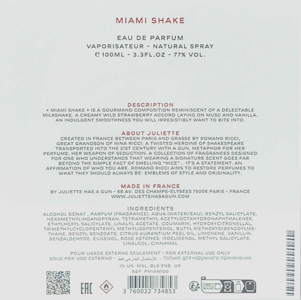 JULIETTE HAS A GUN MIAMI SHAKE EAU DE PARFUM SPRAY FOR WOMEN 3.3 Oz / 100 ml NEW
